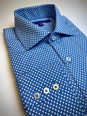 DESIGNER Mens Polka Dot Dress Shirt Blue And White. Size L. 17.5/36.25  Cotton. • $29.99