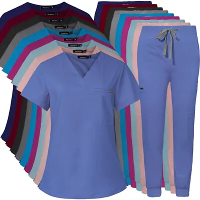 Unisex Stretch Jogger Scrub Set Nurse Medical Uniform V-Neck Top Cargo Pant • $18.99