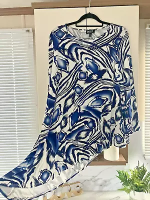 Nwot Saloos Tunic Top Stretch Blouse Jersey Slant Summer White Blue Sz 14-16 • £2.99