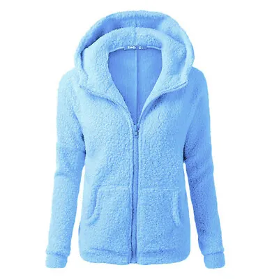 Womens Teddy Bear Fleece Fluffy Hooded Coat Ladies Hoodies Jacket Zip Up Outwear • £13.69