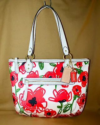 COACH POPPY Hallie Glam Tote 23263 White Sateen Red Floral Print Ivory Lthr Trim • $105