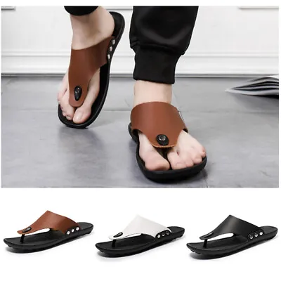 Mens Leather Summer Sandal Walking Toe Post Flip Flops Sandals Casual Shoes Size • £12.95