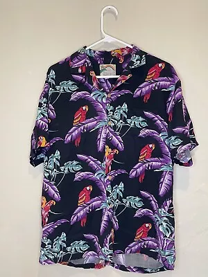 VINTAGE Paradise Found Magnum PI Shirt Mens XL Black Purple Parrot Hawaiian 80s • $19