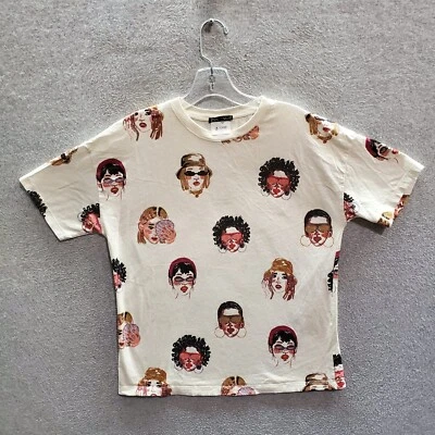 $13.96 • Buy Zara Women Top Small Ivory T-Shirt Faces Graphic Print Allover Short Sleeve Tee