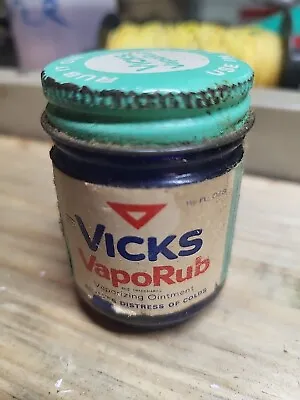  Vintage Vicks 1.5 Oz Vapor Rub Cobalt Blue Glass Jar Paper Label Metal Lid  • $5.99