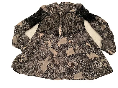 Miss Me Lace Fringe Flowy Sheer Blouse Shirt Womens Size Small Black Tan EUC • $20