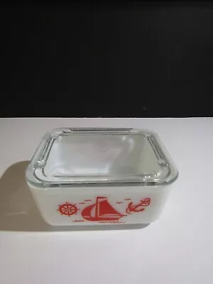 Vtg McKee Milk Glass Red Sailboat Covered Refrigerator Dish 5  X 4  • $15