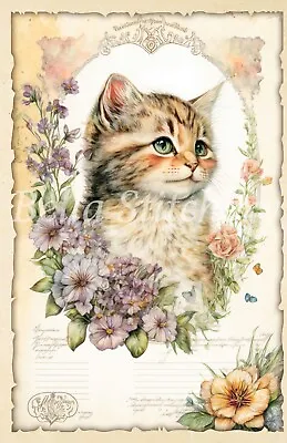 $18.50 • Buy Vintage Flower Kitty Cat Ephemera Collage #1 Craft Sewing Cotton Fabric Block