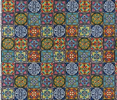 Royal Mexican Talavera Tile Cotton Fabric Panel Fiesta Poblana 36  X 44  • $12.45