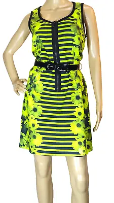 Michael Kors~nwt!!~neon Green & Black Stripes & Floral Sheath Belted Dress Sz:8 • $21.17