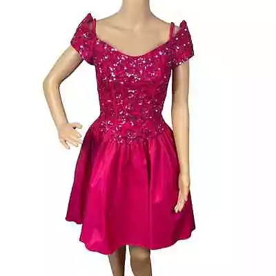 Vtg 80s Mike Benet XS Magenta Pink Sequin Embellished Off Shoulder Party Dress • $125