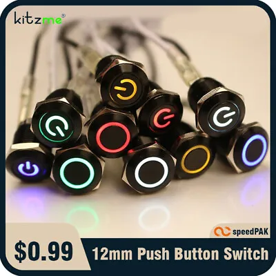 Metal Black Push Button Momentary Switch 4 Pin 12mm Waterproof Led Light 12V • $3.99