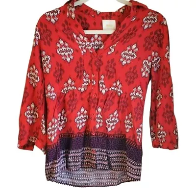 Maeve Women's Red Tribal Print Rayon Button Up Shirt Size 6 Three Quarter Sleeve • $34.32