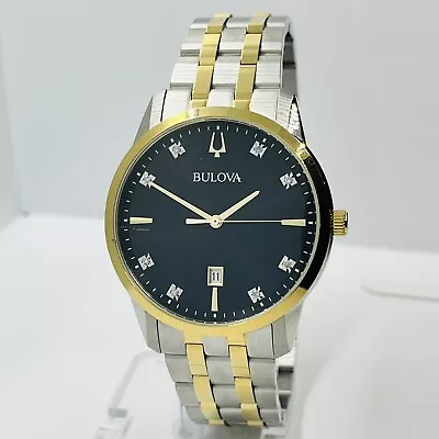 Bulova Sutton Mens Diamond Two Tone Stainless Steel Black Dial 40mm Watch 98D165 • $145