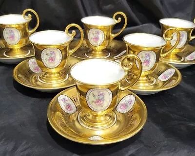 Vintage Bohemia Gold Gilt  Demitasse 6 Cups &6 Saucers Set Hp Roses Stunning 😍  • $119.99