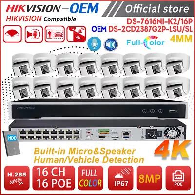 Hikvision OEM 4K Panoramic ColorVu IP Camera 2-Way Audio 4MM 16CH 16POE NVR Lot • $209