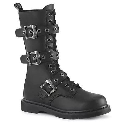 DEMONIA Mens Punk Goth Military Biker Combat Lace Up Buckles Black Calf Boots • $106.95