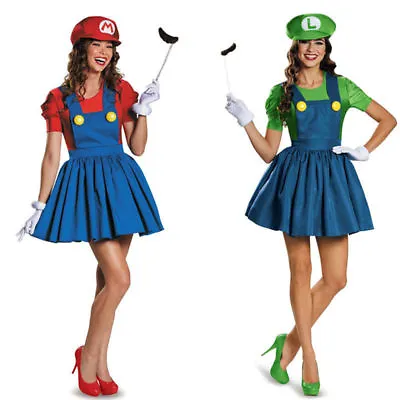 Mario&Luigi Womens Costume Super Plumber Bros Halloween Party Fancy Dress Outfit • £3.30