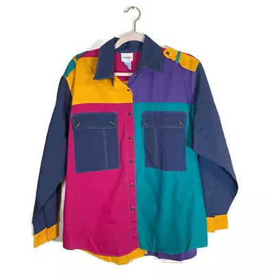 Vtg. Styles To Go Sz 12 Colorblock Button Shirt Blouse Cotton 90s Hip Hop 80s • $18.98