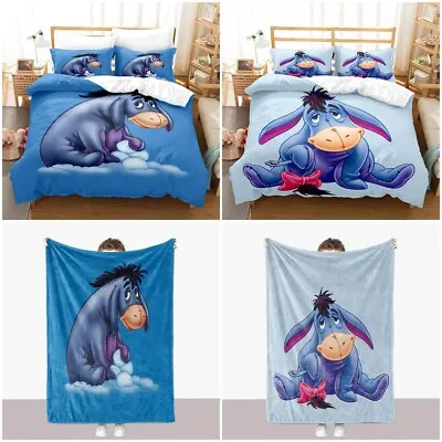 Disney Cartoon Eeyore Donkey Duvet Cover Bedding Set Flannel Blanket Throw Gift • £13.98