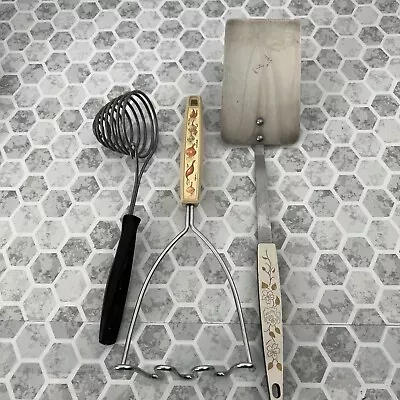 Vintage Cooking Utensils Decorated Handles 1970s Masher Spatula Egg Separator • $12.75