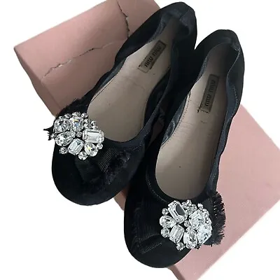 Miu Miu Black Ballet Flats With Crystal Embellishments - SIZE 38 • $89