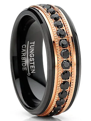 Men Tungsten Black & Rose Goldtone Wedding Band Hammered Eternity Ring CZ • $46.99