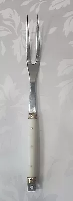 #132) Vintage Stainless Steel Meat Serving Fork White W Gold Accents Japan • $12