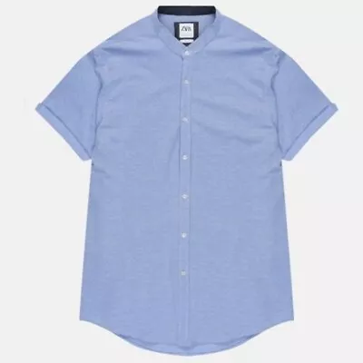 Zara Button Shirt Men's Slim Fit Cuffed Short Sleeve Mandarin Collar Blue Sz M • $28