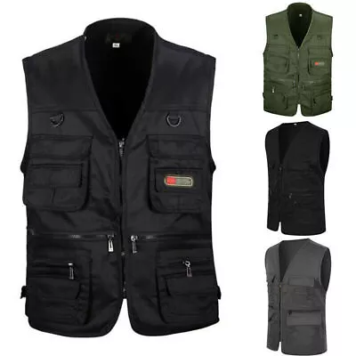 Men Multi Pocket Utility Cargo Vest Fishing Hiking Camping Gilet Waistcoat Tops- • £17.59