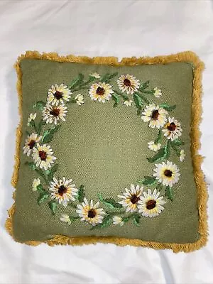 Vintage Crewel Hand Embroidered Decorative Throw Pillow Floral Fringe 13” Green • $19.99