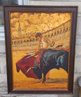 1970's Matador & Bull Fight Arena Signed Painting On Board Framed • $61.74