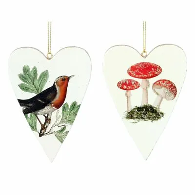 £4.99 • Buy Gisela Graham Christmas - Set Of 2 Wood Dec 10cm - Robin/Toadstool Heart