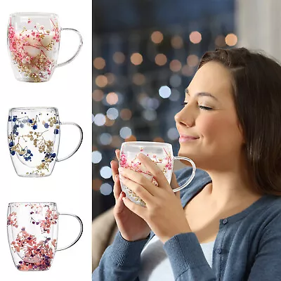 Dry Flowers Double Wall Insulated Glass Coffee Glass Mug Tea Cup W/ Handle • $15.19