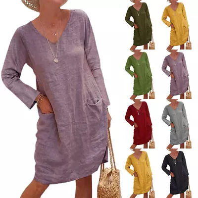 $23.74 • Buy Womens Long Sleeve V-Neck T-Shirt Dress Plain Loose Baggy Casual Dresses Pocket