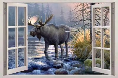 Moose Window View Decal WALL STICKER Home Decor Art Mural Forest Animals 002 • $19.12