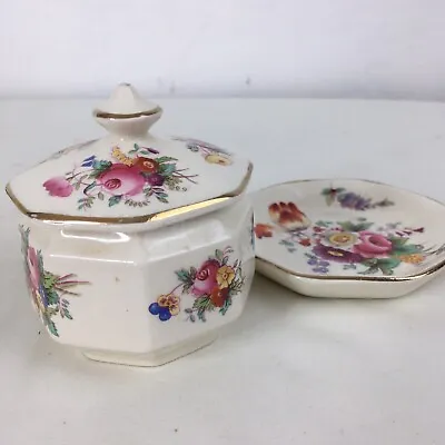 Vintage Cauldon Lidded Pot & Plate Trinkets Ceramic Floral Small • $21.15