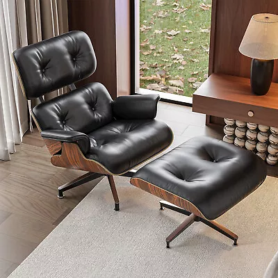 2024 Tall Eams Style Lounge Chair Set Ottoman Genuine Leather Armchair Club Seat • £649