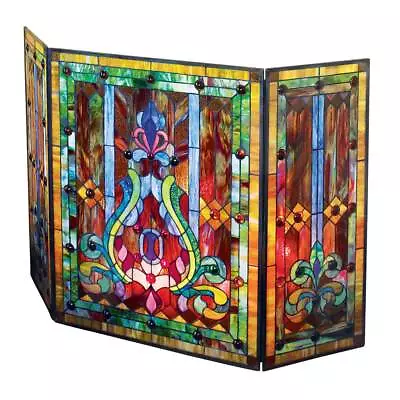 Tiffany Style Stained Glass Fleur De Lis Fireplace Screen 44 W X 28 H • $273.99