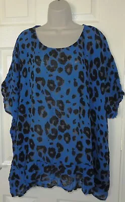 Womens🦋MADE IN ITALY🦋blue Black Printed Loose Fit Longline Top Blousesize20/22 • £6.99