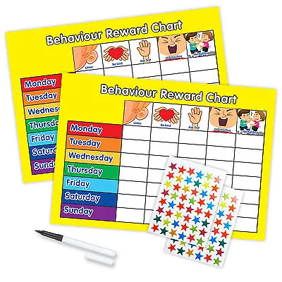 BEHAVIOUR REWARD CHART MAGNETIC FREE PEN AND STARS - A4 Twin Yellow • £6.85