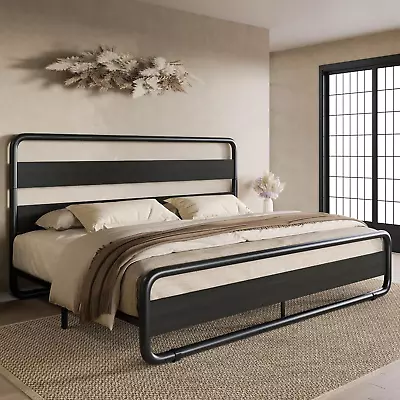 King Size Metal Bed Frame With Wooden Headboard And Footboard Heavy Duty Platfo • $224.99