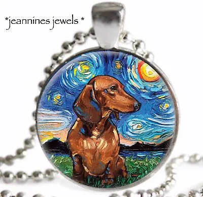 DACHSHUND Necklace Van Gogh Starry Night ART PRINT Silver DOG Charm Pendant • $21.99