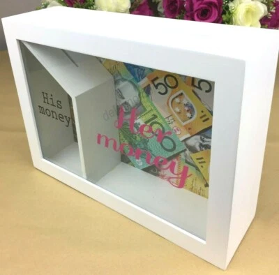 Wooden Fund Money Box His & Her Wedding Bank Coin Cash Wood White Saver Gift • $34.99