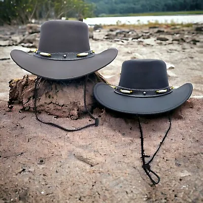 Men Black Brown Cowboy Hat Australian Western Style Real Leather Beaded Hat Band • £20.99