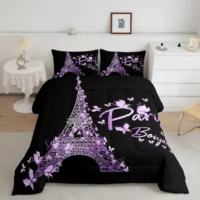 Paris Eiffel Tower Comforter Set Girly Lavender Purple Bedding Set For Kids Boys • $72.67