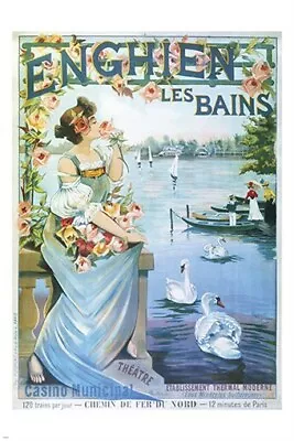 ENGHIEN LES BAINS Vintage Travel Poster OLD FASHIONED Flowers Swans 20x30  • $9.99