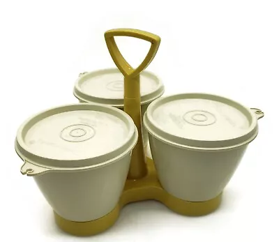 Vintage Tupperware Condiment Caddy W/ Lids Gold Holder Almond Cups USA MADE • $15.67