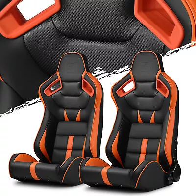 Black-Orange PVC Reclinable C-Series Sport Racing Seats Pair W/Slider Left/Right • $345.38