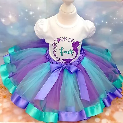 Girl Fourth 4th Birthday Party Outfit Mermaid Ribbon Tutu Cake Smash Deceration  • £24.99